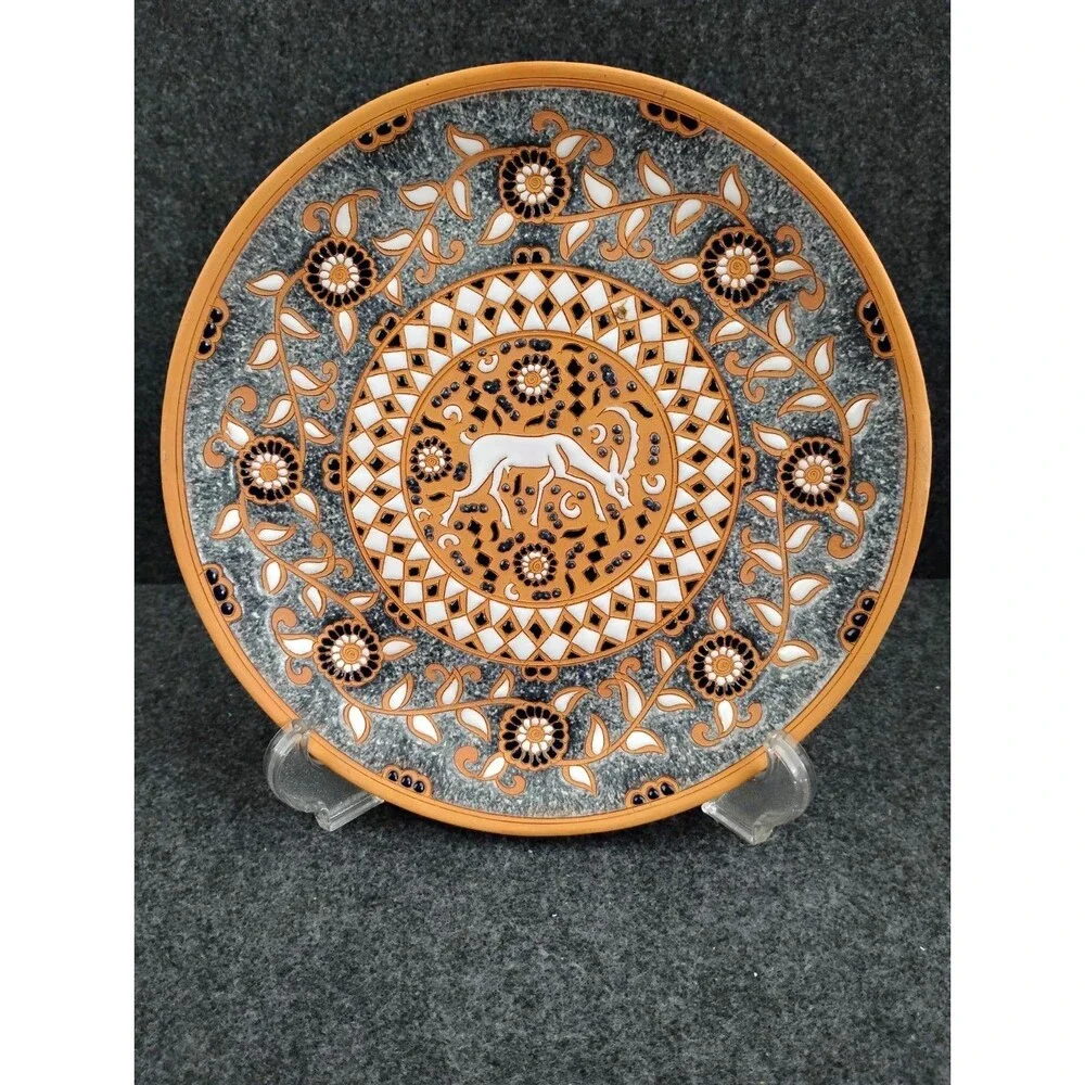 Vintage Bonis Pottery Terracotta Decorative Enamel Plate Hand Made Greece 10